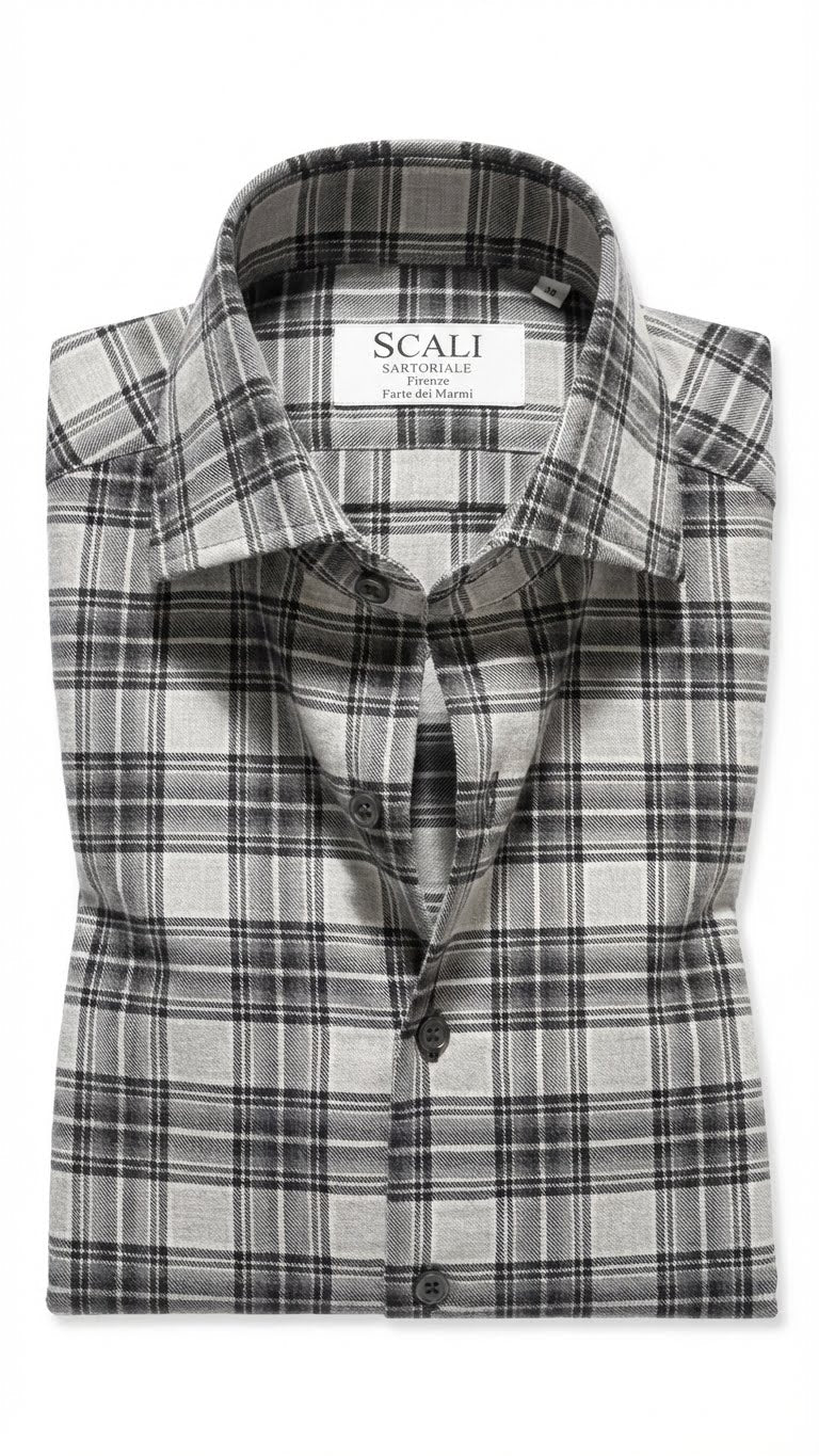 Camicia Flanella Leggera, quadri galles tonalità di grigi e nero. Scali Sartoriale - Firenze