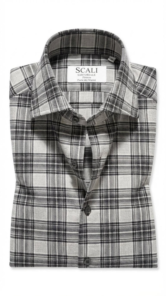 Camicia Flanella Leggera, quadri galles tonalità di grigi e nero. Scali Sartoriale - Firenze
